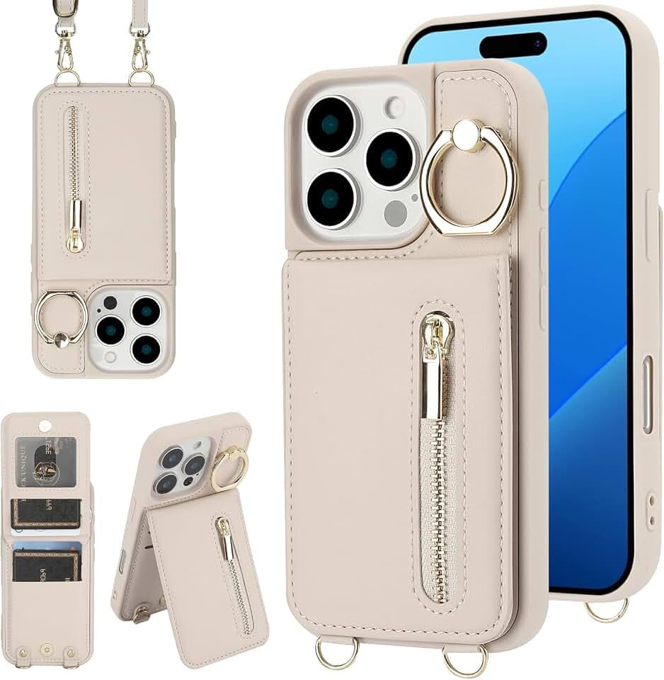 Hülle für iPhone 14 Pro Max Hülle Stoßfeste Handyhülle mit Verstellbarer Halskette RFID Reißverschluss Geldbörse Etui mit Kartenfach mit Band Ring Ständer Case für Frauen-Cremeweiß
