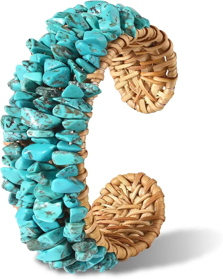 ZITULRY Turquoise Rattan Bracelet for Women Handmade Straw Wicker Braid Crystal Ship Stone Cuff Bangle Bracelet Boho Rattan Woven Chunky Wide Open Bracelets Summer Beach Party Wrist Jewelry