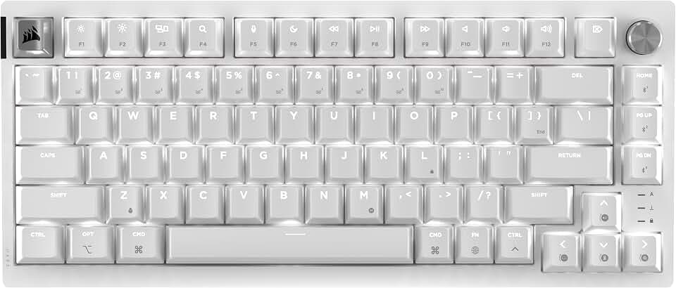 Corsair K65 Plus Wireless 75% RGB Hot-Swappable Mechanical Gaming Keyboard for Mac and iPad – Pre-Lubricated MLX Red v2 Linear Switches, Sound Dampening – QWERTY NA Layout – Frost White