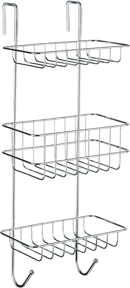 WENKO Duschregal Mod. Revigo, Badezimmerregal zum Einhängen an die Duschkabine mit drei viereckigen Ablagen in offenem Drahtkorb-Design, befestigen ohne Bohren, aus Stahl, 22,5 x 57 x 18,5 cm, Chrom