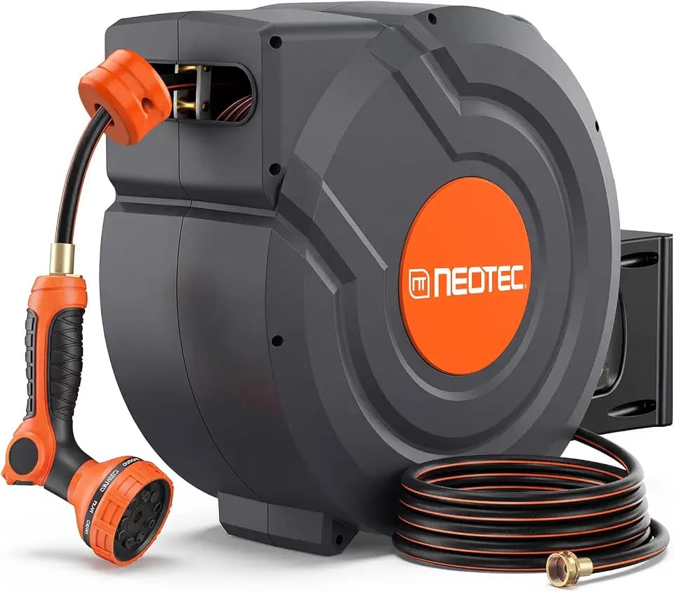 Upgraded Retractable Garden Hose Reel 1/2 inch x 130 ft 9 Pattern Nozzle Wall-Mounted Any Length Lock Automatic Slow Return 180° Swivel UV Resistant Heavy Duty Hose Reels for Outside