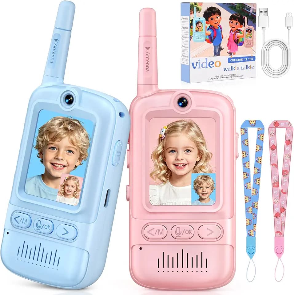 Video Walkie Talkies for Kids, 2 Pack Rechargeable Video Intercom Kids Walkie Talkies, Long Range Two Way Radio with 4 Voice Effects, Kid Indoor Outdoor Toys Birthday Gift for Age 3-12(Blue/Pink)