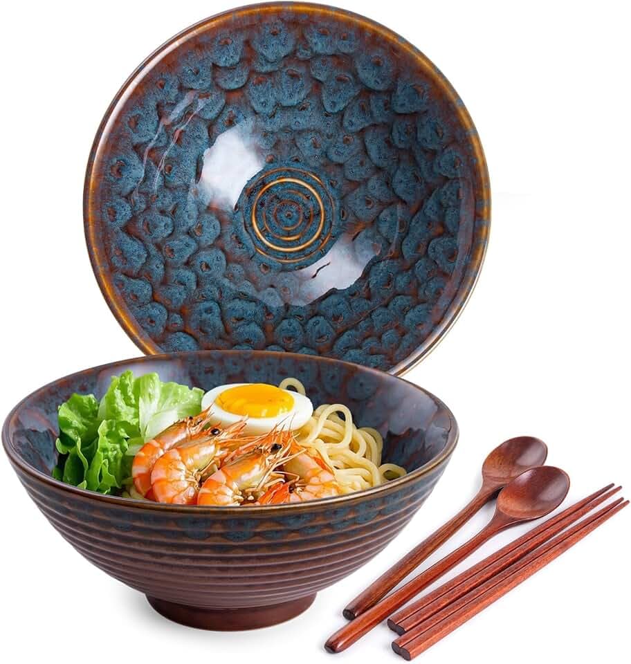 2 x 1200ml Ramen Schüssel Set aus Keramik mit Essstäbchen und Löffeln, 20cm Bowl Schüssel Suppenschüssel Groß (Pfauenschwanz)