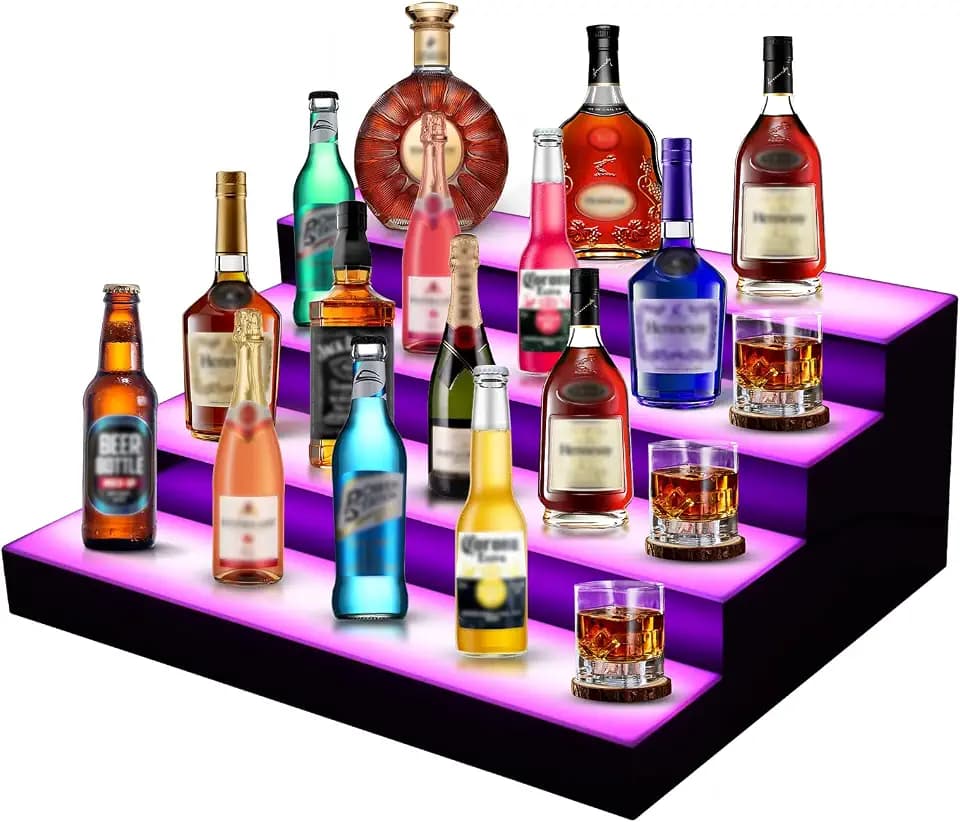 FAHKNS LED Lighted Liquor Bottle Display, 4 Tiers 20 Inch LED Liquor Shelves with RF Remote, Liquor Bottle Accessories Shelf for Home Bar, 16 Static Colors 4 Dynamic Mode