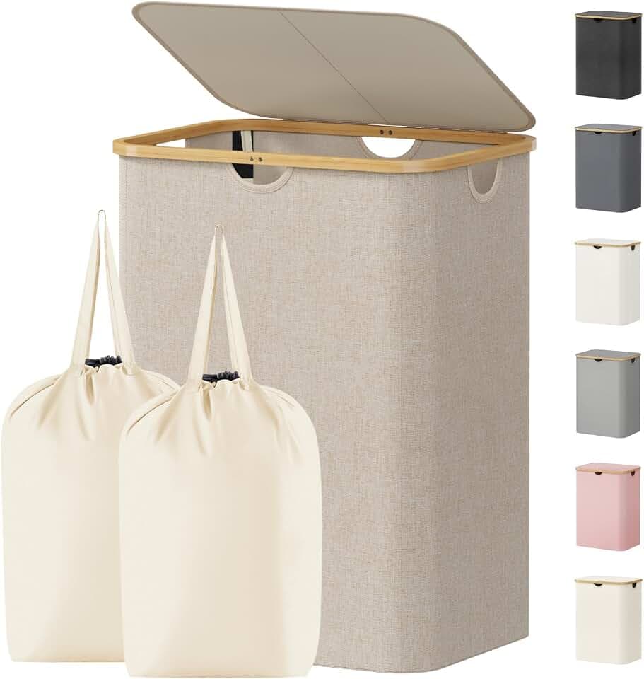 Lifewit 150L Large Laundry Basket with Lid, 2 Removable Bags, Beige