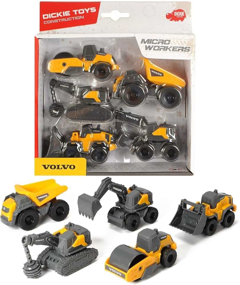 Dickie Toys Volvo Micro Workers 5er Set Baustellenfahrzeuge (je 10 cm) - Kinder Bagger Spielzeug, Radlader & Muldenkipper Auto Spielzeug mit Freilauf, Fahrzeuge ab 3 Jahren, gelb/grau - 203722008