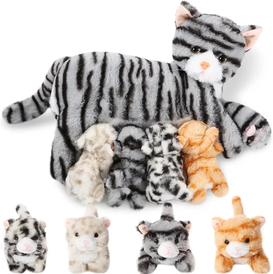 Skylety Nurturing Cat Stuffed Animal with 4 Baby Kittens, Cuddly Style