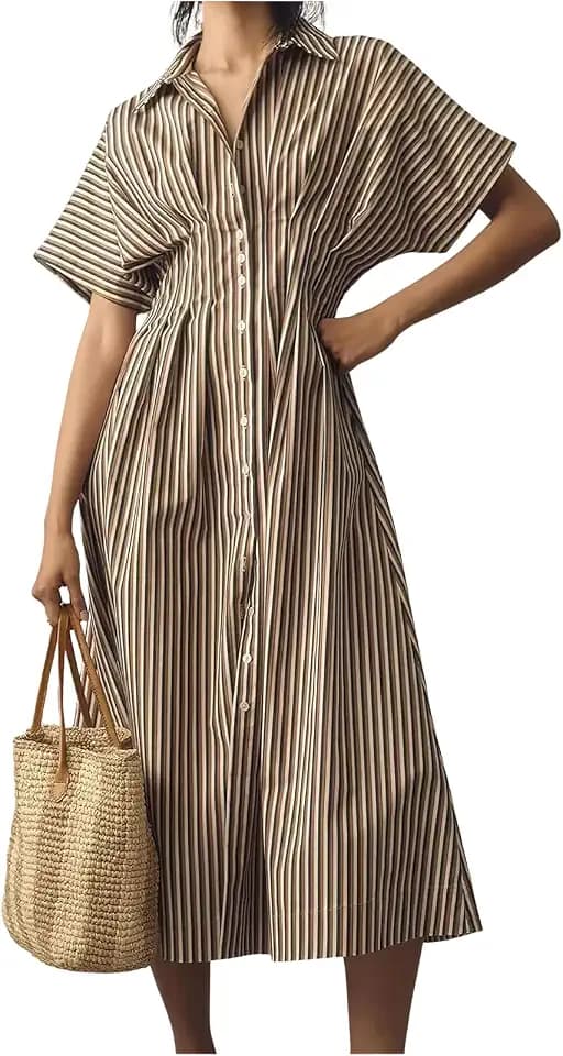 ebossy Women's Striped Shirt Dress Short Sleeve Contrast Color Ruched Flowy Mid Long Tunic Dress with Pockets