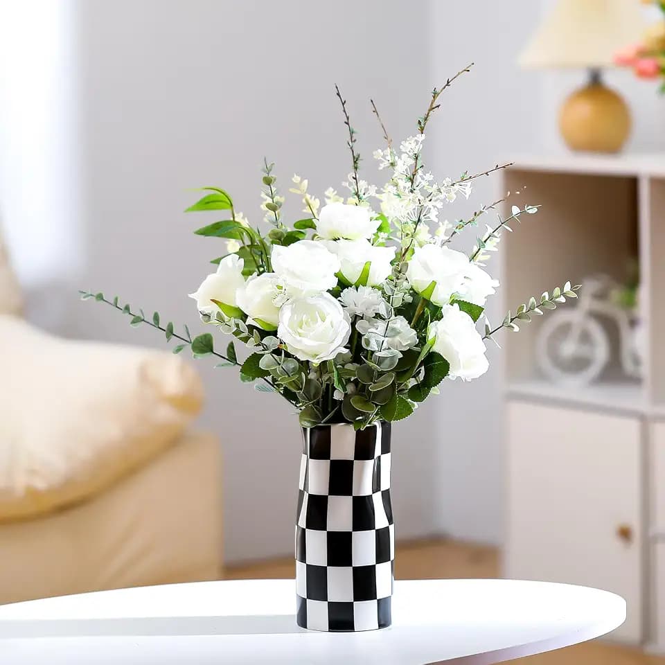 Black and White Checkered Vase Small 8 Inch Height Modern Checkered Decor Ceramic Black and White Flower Shaped Decorative Vase for Office, Bedroom, Home Decor