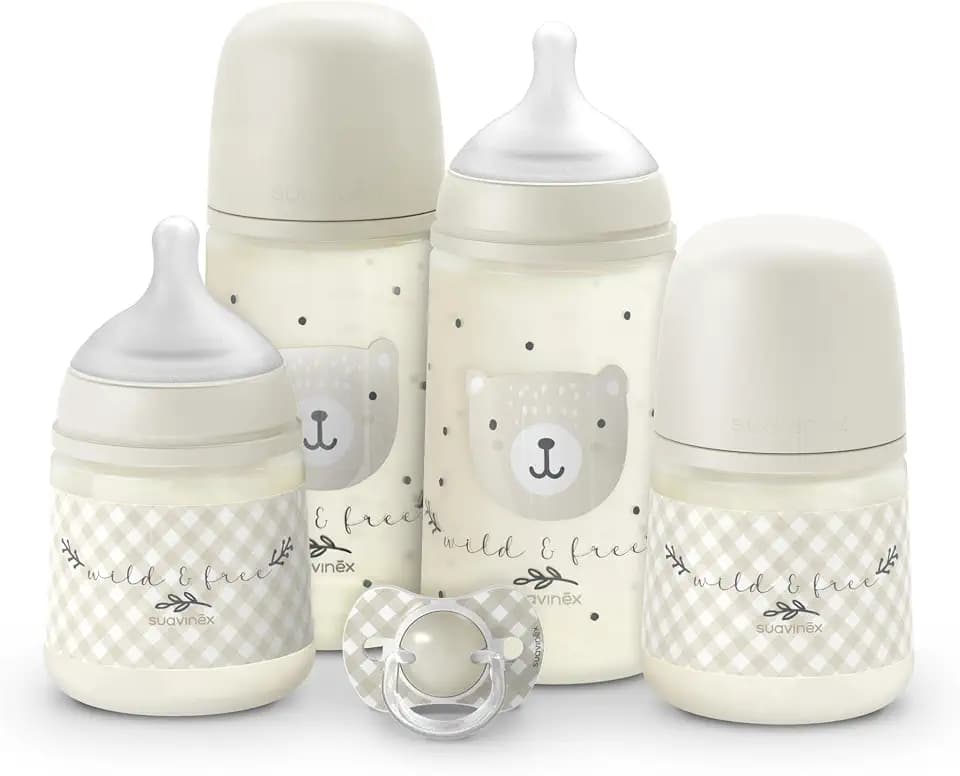 Suavinex, Babyflaschen-Set für Neugeborene, Geschenkset mit: 2 Flaschen 270 ml + 2 Flaschen 150 ml + Schnuller für 0 bis 6 Monate, physiologische SX Pro Silikon-Sauger, 5-tlg., +0M, Wild&Free Beige