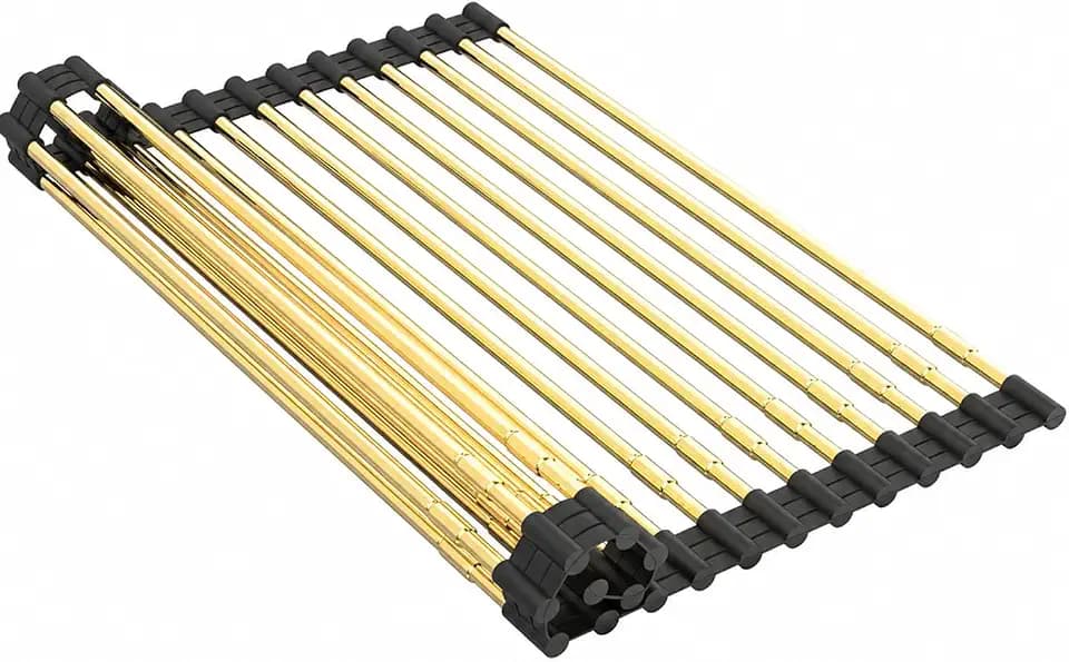 Expandable Roll Up Dish Drying Rack, Adjustable Large Over The Sink Rack Draining Rack (Max Extends to 21.26”) for Stainless Steel Sink Rack, Collapsible Rolling Up Rack 18 Tube for Kitchen, Gold