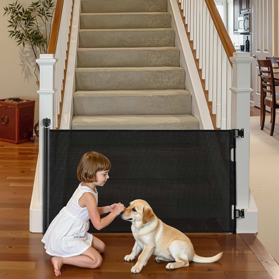 VEVOR einziehbares Babygitter Hundegitter ausziehbar, Treppenschutzgitter mit Sicherheitsschloss, Schutzgitter aus Netzgewebe für Treppen Flure drinnen/draußen