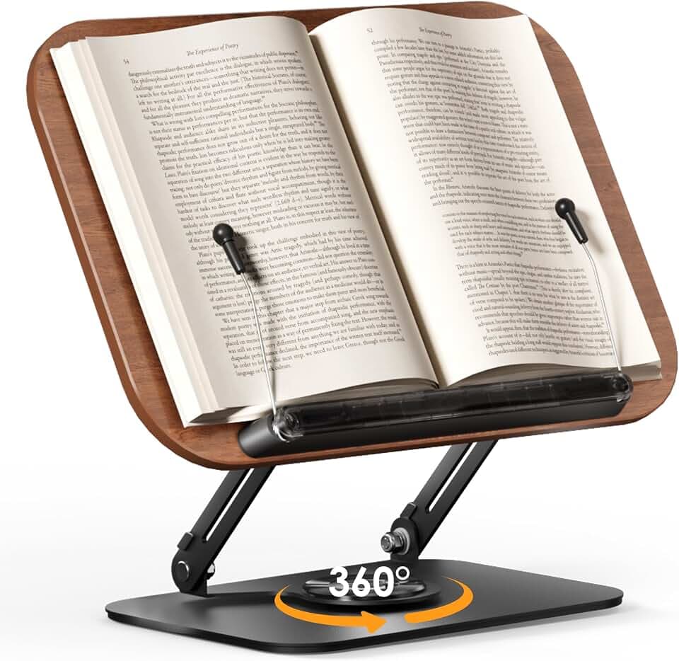 SupeDesk Buchständer zum Lesen,verstellbarer Holz-Buchhalter Leseständer,360° drehbar,faltbar,Kochbuchhalter mit Seitenclip,Präsentationsständer für Rezept,Zeitschrift,Tablet,Laptop,eleganter Retro