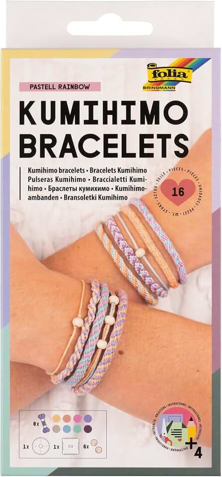 folia 32039 - Kumihimo Bracelets PASTELL RAINBOW, Bastelset für Armbänder, 16-teilig mit Garn, Knüpfscheiben und Perlen, inkl. Anleitung