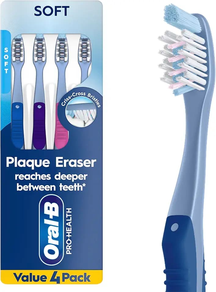 Oral-B Toothbrush Pro-Health Plaque Eraser Manual Toothbrush, Reaches Deeper Between Teeth, Soft, 4 Count