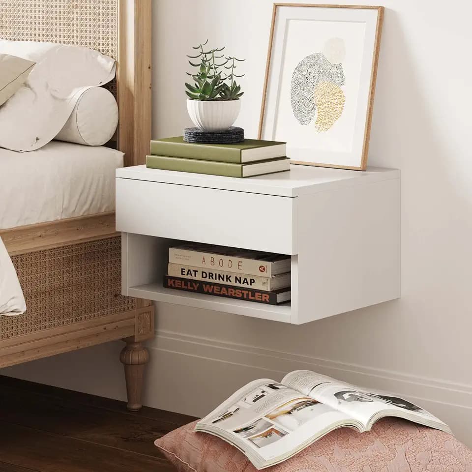 Nathan James Jackson Wall Mounted Floating Bedroom Nightstand with Storage Drawer and Modern Open Shelf Cubby, White
