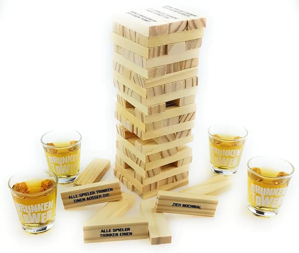 Bambelaa! Trinkspiel Partyspiel Wackelturm Drunken Tower inklusive Vier Trinkgläser ca. 4cl (Deutsche Version)