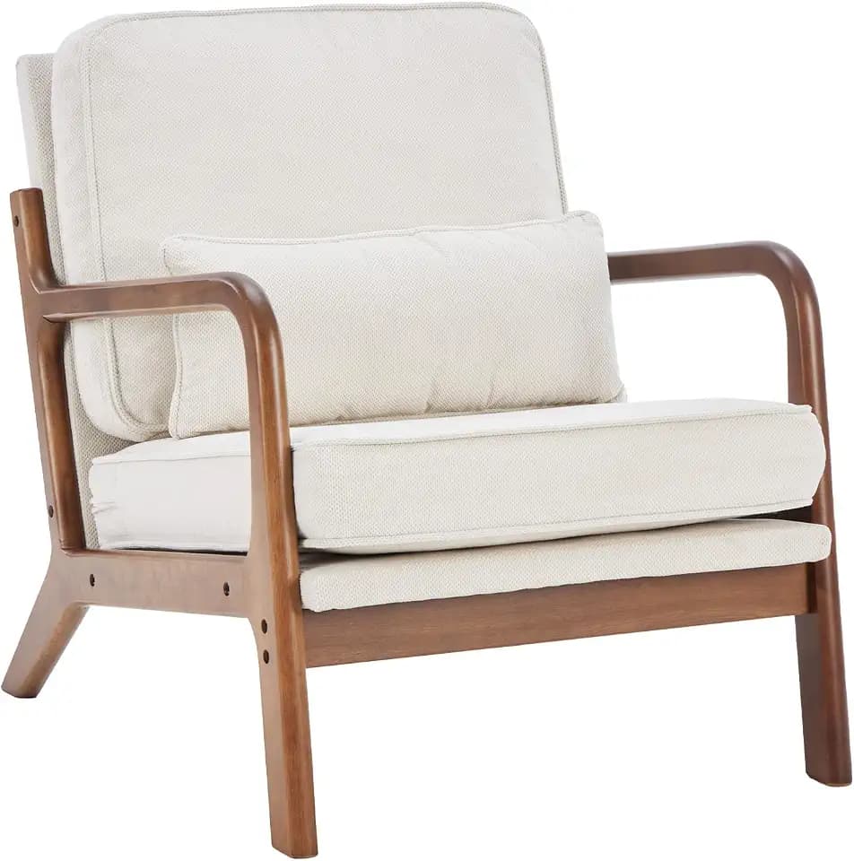 DUMOS Accent Chair Mid Century Modern Chair with Arms and Waist Cushion, Reading Chairs for Adults with Solid Frame, Lounge Side Sitting Armchair for Living Room, Bedroom, Balcony, Cream