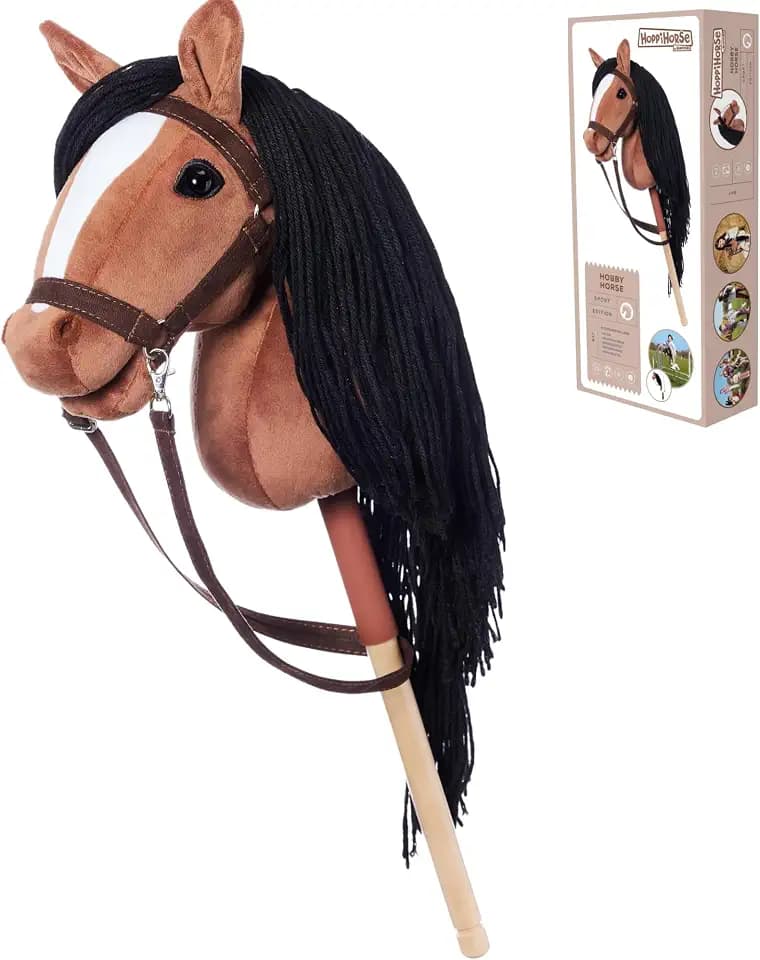 HOPPIHORSE Steckenpferd mit Trense - A3 - Hobby Horse mit Zügeln, Schultergurt, Schweif - hochwertiges Plüsch mit Langer Mähne - Silikongriff für besseren Halt - mit Geschenkverpackung