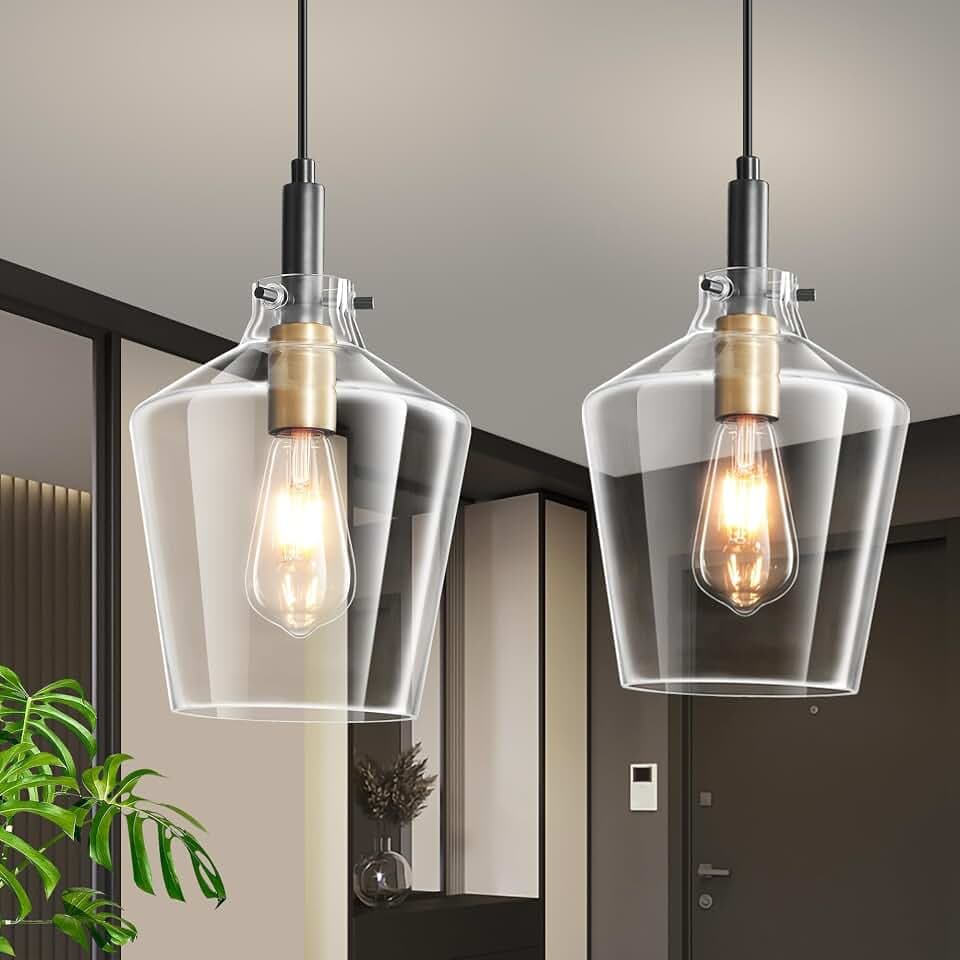 Glass Pendant Lighting for Kitchen Island 2 Pack Black Gold Clear 8 Inch