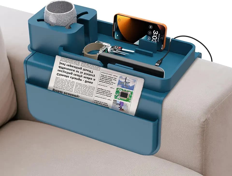 ENNVA Couch Arm Cup Holder Tray, Silicone Anti-Slip Sofa Armrest Table with Dual Side Storage Pockets, Drink Holder, Phone Stand & Remote Organizer, Couch Caddy for Wide Armrest (Blue)