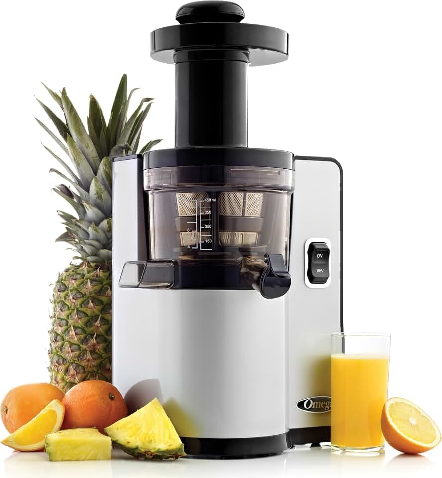 Omega Juicer Cold Press Vertical 43 RPM Slow Masticating Compact Juice Extractor for Fruits and Vegetables Quiet Operation with 3 Stage Auger Automatic Pulp Ejection and No-Drip Tap, 150-Watts, Silver
