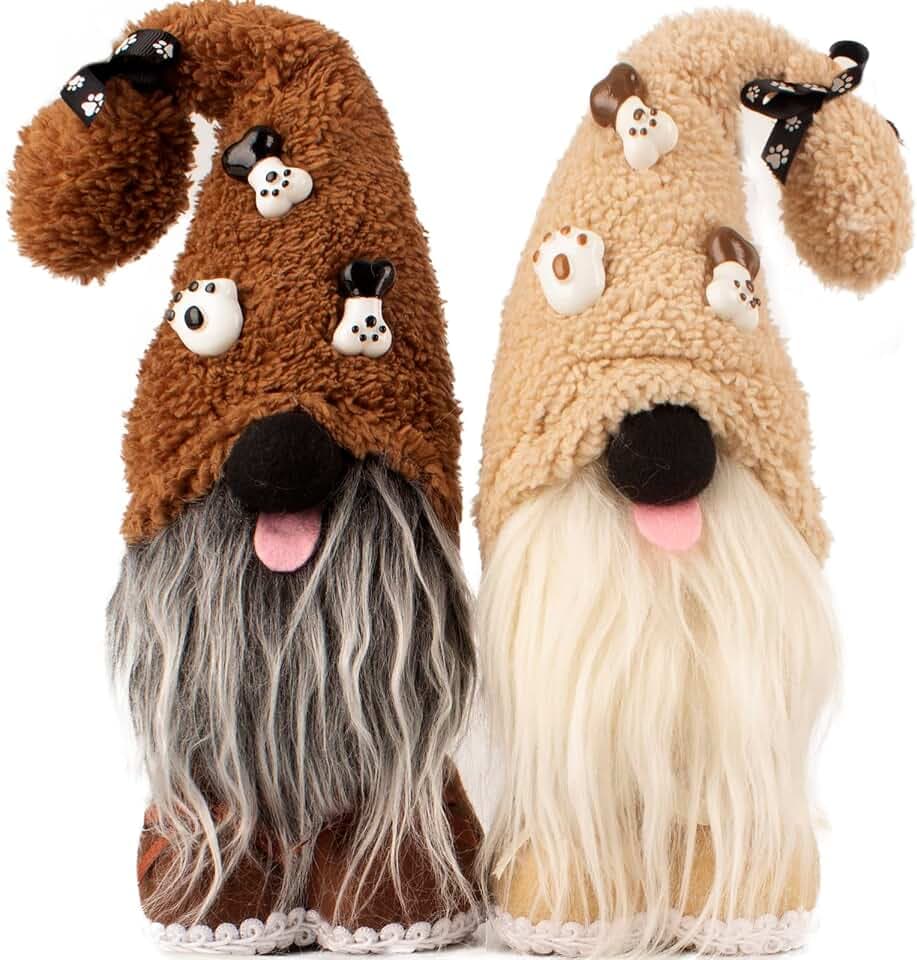 Mailin 2Pcs Dog Gnomes Puppy Doll Gnomes Plush Handmade Scandinavian Swedish Tomte Ornament Gnome Decorations for Home Tiered Tray Décor
