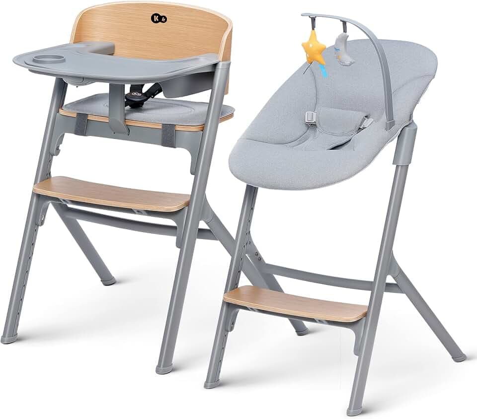Kinderkraft Kinderhochstuhl LIVY + Babyliege CALMEE, 4in1, Stuhl für die ganze Familie, von Geburt bis 110 kg, Verstellbare, Ergonomische Rückenlehne, Minimalistisches Design, Holzfarbe