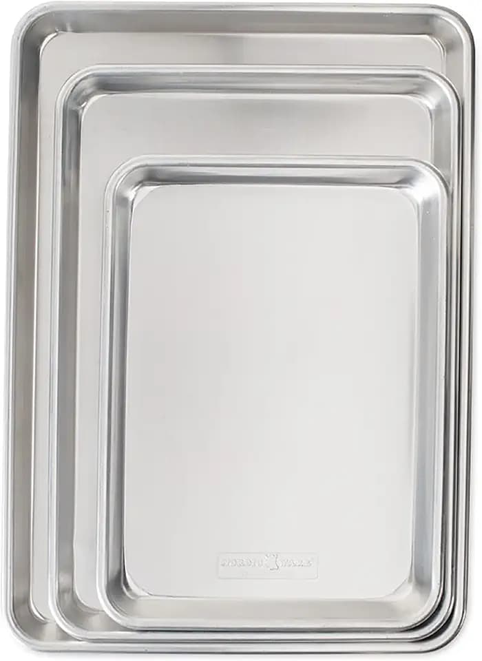 Nordic Ware Naturals 3 Piece Set - USA Made Aluminum Commercial Quality Sheet Pan for Baking or Roasting, Encapsulated Galvanized Steel Rim Prevents Warping; Half Sheet, Jelly Roll and Quarter Sheet