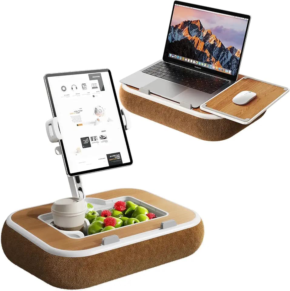 Tablet Pillow Stand,Phone Holder for Bed,Laptop Lap Desk with Snack Bowl,360° Rotating Clip Compatible with 4.7-13" iPad/Kindle/Phone,11-15" Laptop,Hands-Free Reading and Relaxation on Bed(Wood Grain)