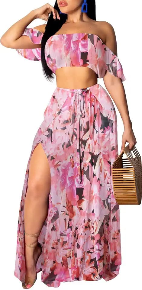 SxClub Women's Beach Dress 2 Piece Off Shoulder Top Long Maxi Skirt Sets