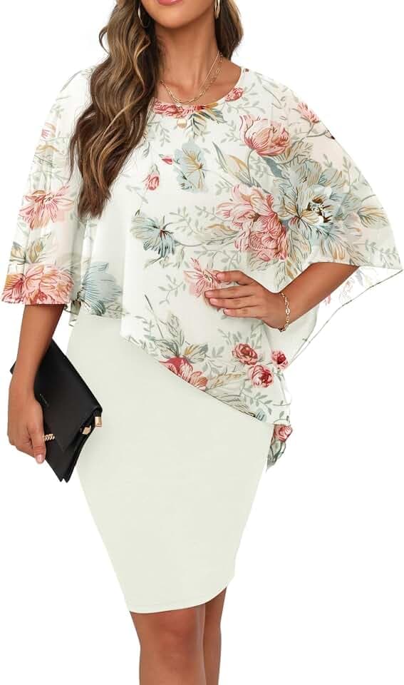 QIXING Damen Chiffon Cape Cocktialkleid Rundhals Ausschnitt Bleistiftkleid Sommerkleid Damen Knielang Elegant Abendkleid Mit Overlay Casual Bodycon Kleider