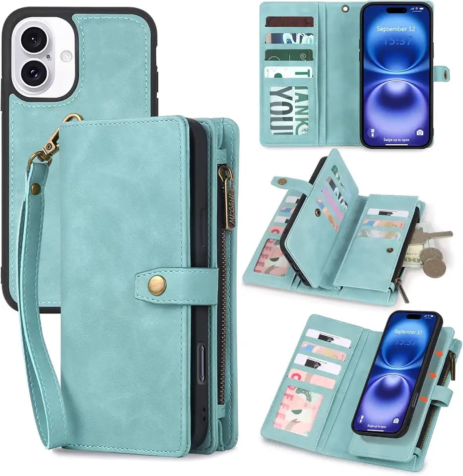 TwoHead Wallet Case for iPhone 16,with 11 Card Holders,Blue