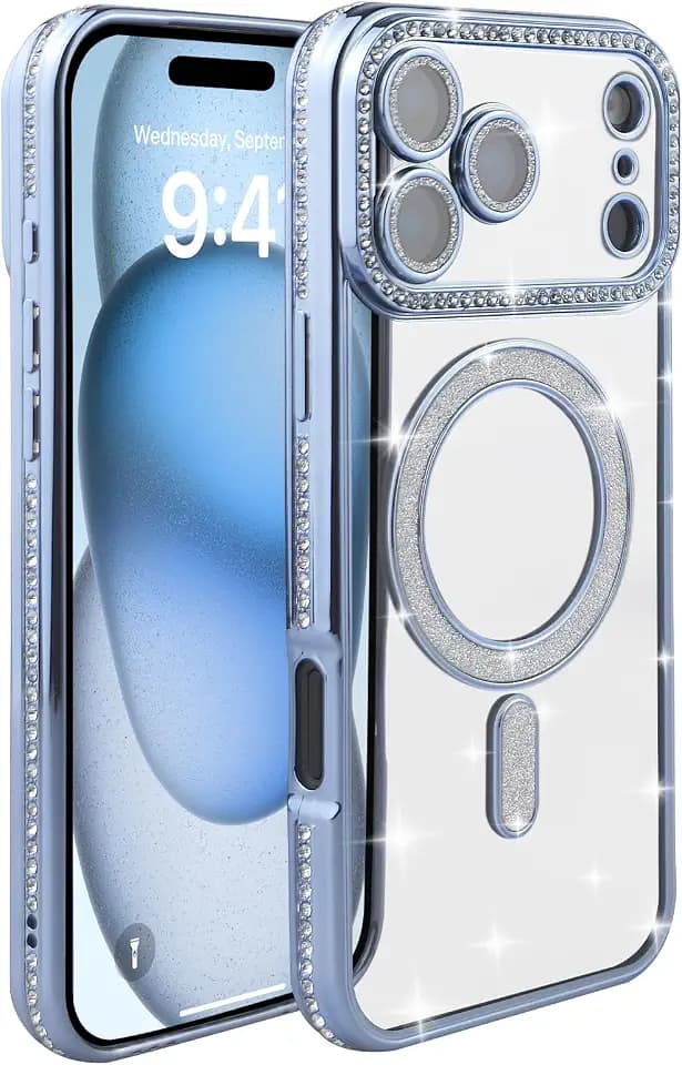 Glitter Magnetic for iPhone 17 Pro max Case [Military Grade Protection] Luxury Bling Rhinestone Compatible with MagSafe, Camera Lens Protector, Slim Clear for Women Girls(blue, for iPhone17Pro Max)