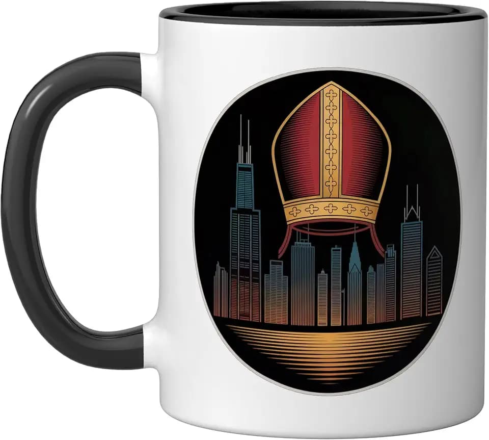 Chicago's Pope Leo Catholic City Pride Skyline Design Ceramic Mug, Black/White, 11oz
