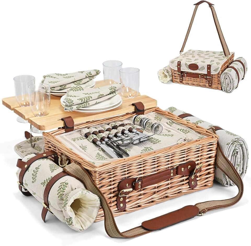Multifunctional Wicker Picnic Basket Set for 4 with Blanket and Picnic Table, Insulated Picnic Set with Full Tablewares for Camping Outdoor Couples,Leaf