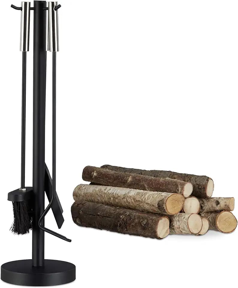 Relaxdays Kaminbesteck modern, 4-tlg Kamingarnitur, mit Schaufel, Besen, Schürhaken und Halter, Kaminset, schwarz, 57 x 15 x 15 cm