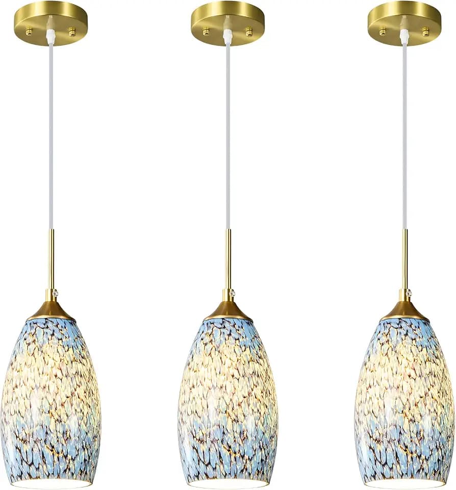 Glass Pendant Light Art Blue Pendant Lights Kitchen Island Modern Hanging Light Fixtures Gold Finish Adjustable Lighting Fixtures for Kitchen Living Dinning Room Bedroom Hallway(3 Pack)