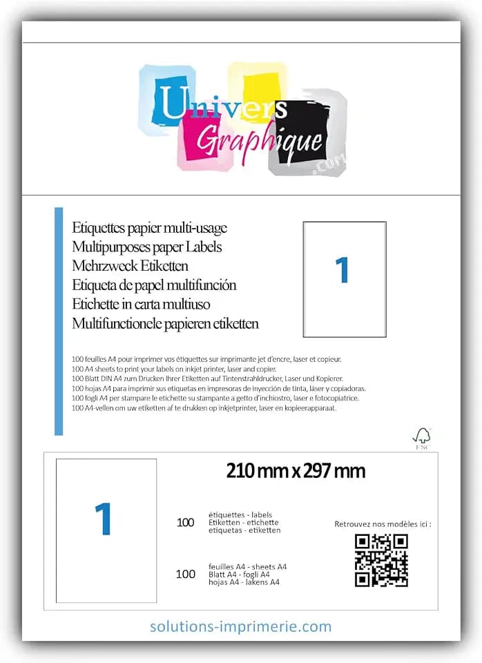 100 Blatt DIN A4 zu je 1 Etikett (210 x 297 mm)= 100 bedruckbare Etiketten, permanent haftend, mattweiß. Kompatibel mit allen gängigen Drucksystemen und Softwareprogrammen Grammatur 70gr/m2