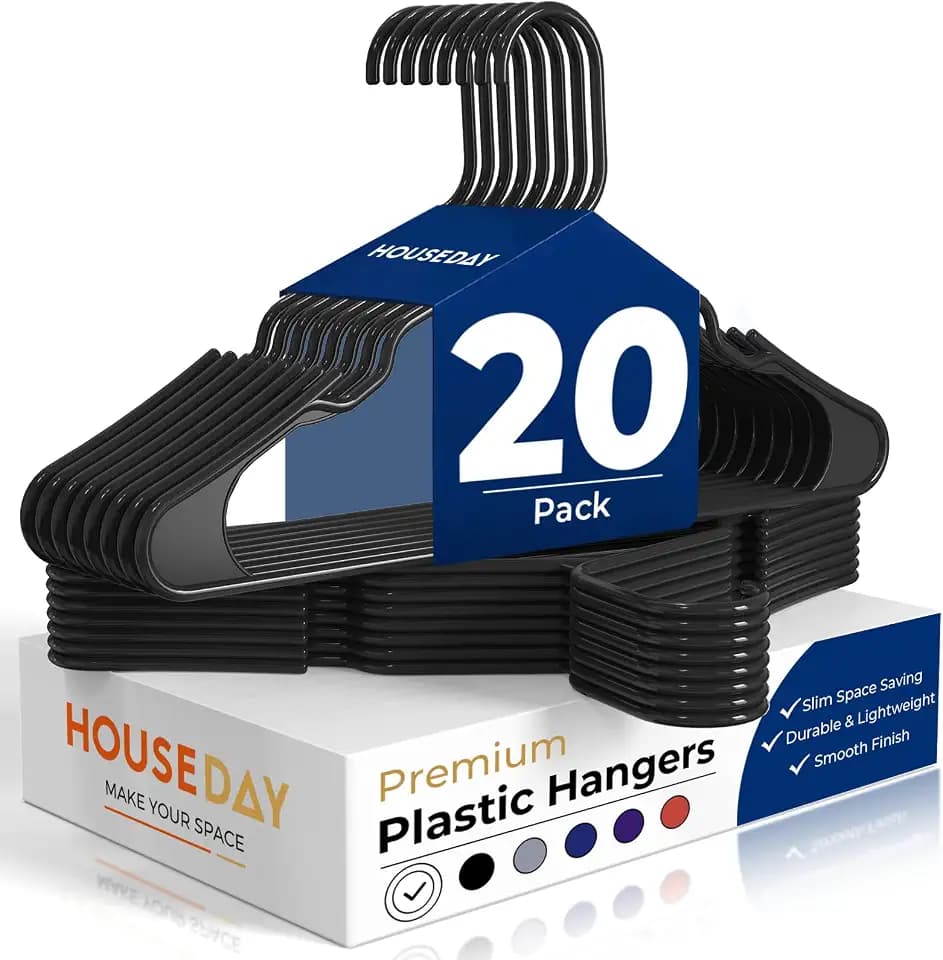 HOUSE DAY Black Plastic Hangers 20 Pack – Slim Space Saving Clothes Hangers