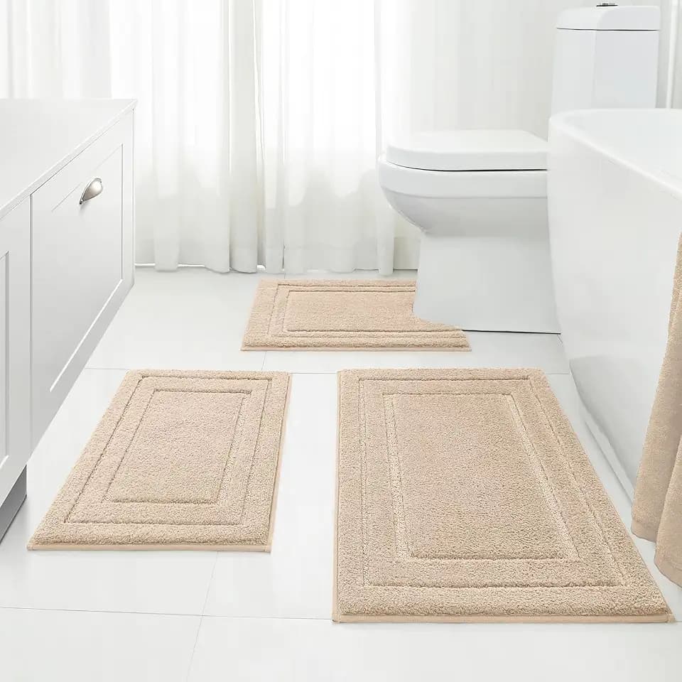 HOMEIDEAS Beige Bathroom Rugs Set of 3, Non Slip Bath Mats