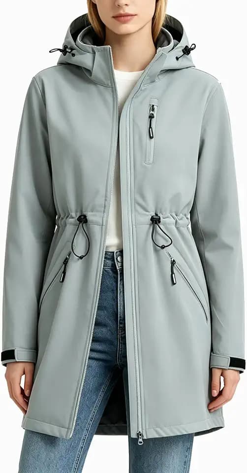 Women’s Softshell Jacket Lightweight Long Rain Coat Hooded Waterproof Windproof Fleece Lined Insulated Windbreaker