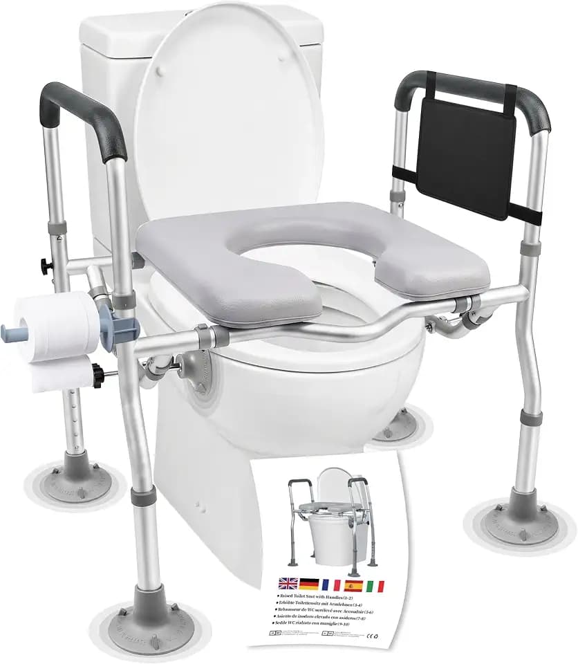 Toilettensitzerhöhung 10cm mit Armlehnen & Saugnäpfen WC-Sitzerhöhung Toilettenerhöhung für Senioren, nach OP, Erhöhter Toilettensitz 5fach höhen- & 6fach breitenverstellbar bis 181 kg