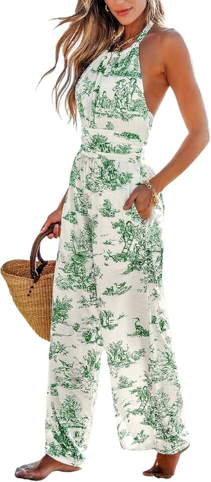 CUPSHE Women's Boho Floral Halter Tie Neck Jumpsuit with Pockets