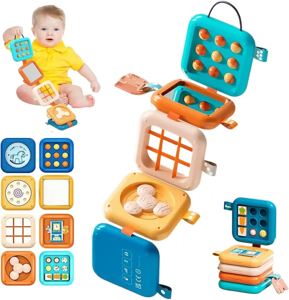 Montessori Motorikwürfel Spielzeug ab 1 Jahr, 8 in 1 Busy Board & Motorikspielzeug für Babys und Kleinkinder, Reisespielzeug ab 1 Jahr, Activity Board Lernspielzeug, Geschenk Junge Mädchen