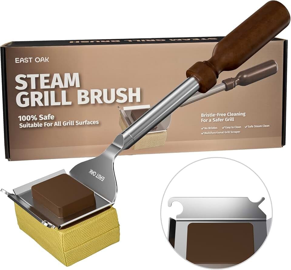 EAST OAK Bristle-Free Grill Brush, 2mm Thick Stainless Steel Rod, Heat-Resistant Aramid Sponge Head (900°F), Steam Cleaning Brush with Scraper, Safe for Cast Iron & Stainless Steel Grates