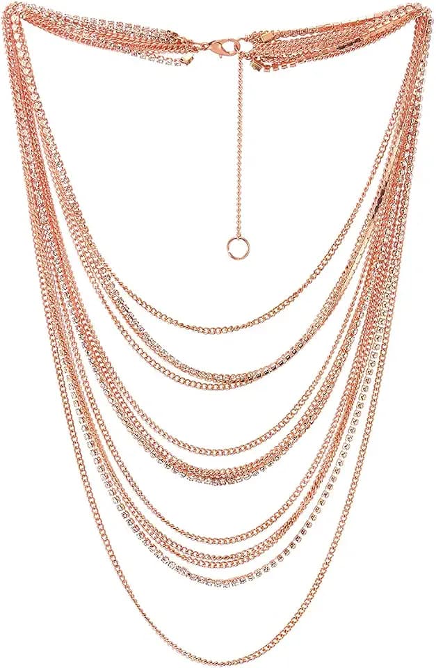 COOLSTEELANDBEYOND Waterfall Multi-Strand Chains Statement Collar Necklace with Rhinestones Chains, Dress