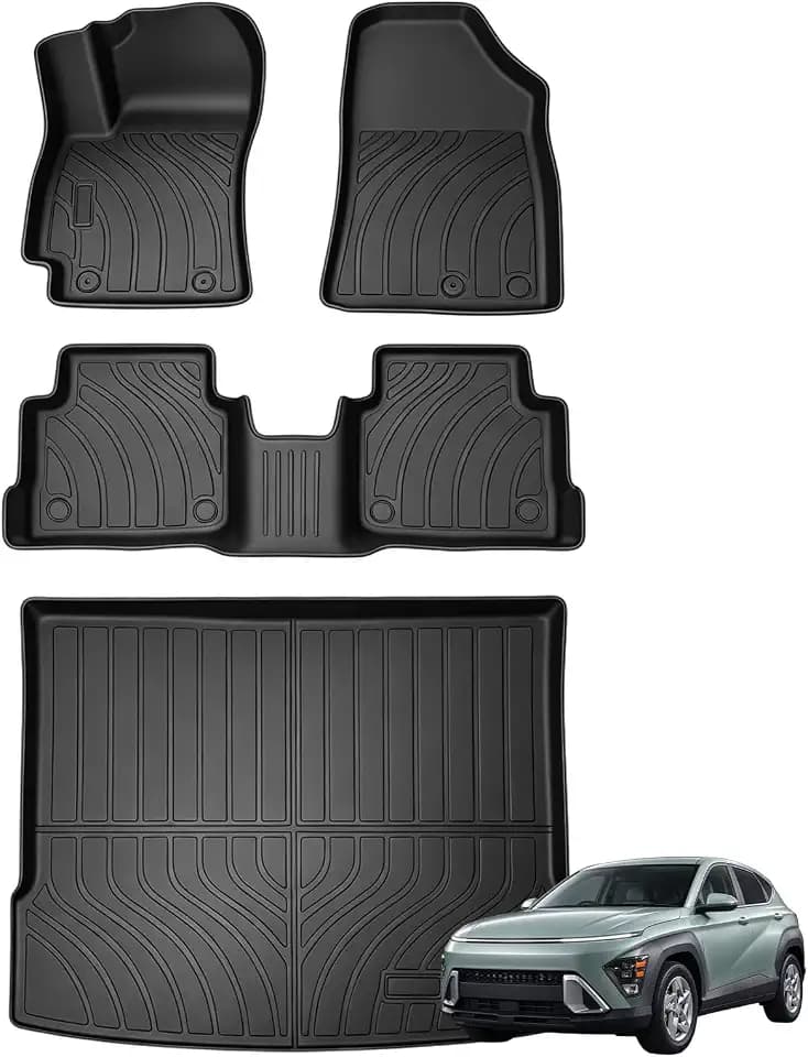 All Weather TPE Custom Fit Floor Mats & Cargo Liner for Hyundai Kona 2026 2025 2024 (Not for EV), Hyundai Kona Accessories Full Coverage for 1st & 2nd Row + Trunk (Black)