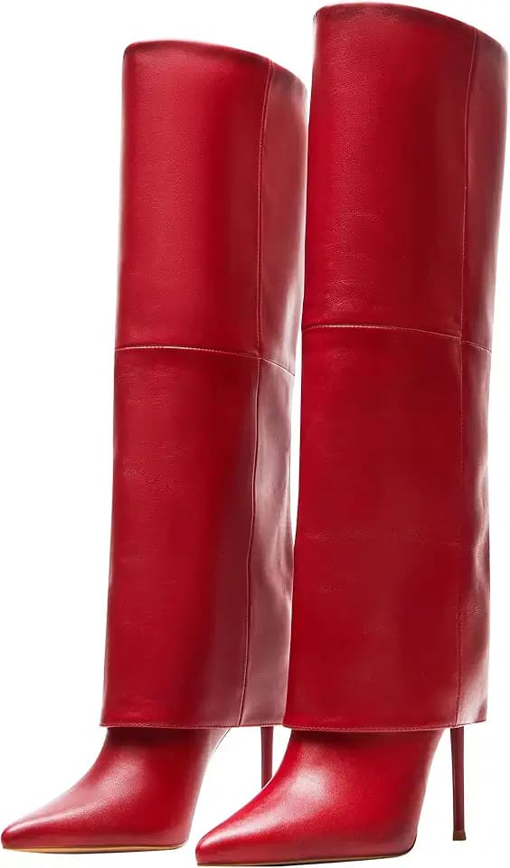 KaroNairy Women’s Knee High Boots, Fold Over Tall High Heel Boots Stiletto Pointed Toe Fashion Dress Boots for Fall Winter Red