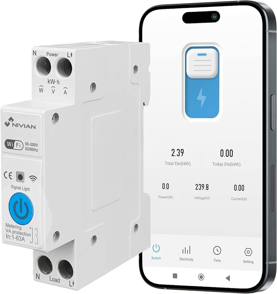 NIVIAN Smart-Home-DIN-Schienenschalter mit Stromverbrauchsmesser – App-Fernbedienung, elektrischer Schutz 1-63 A, Automatisierungen, Alexa und Google